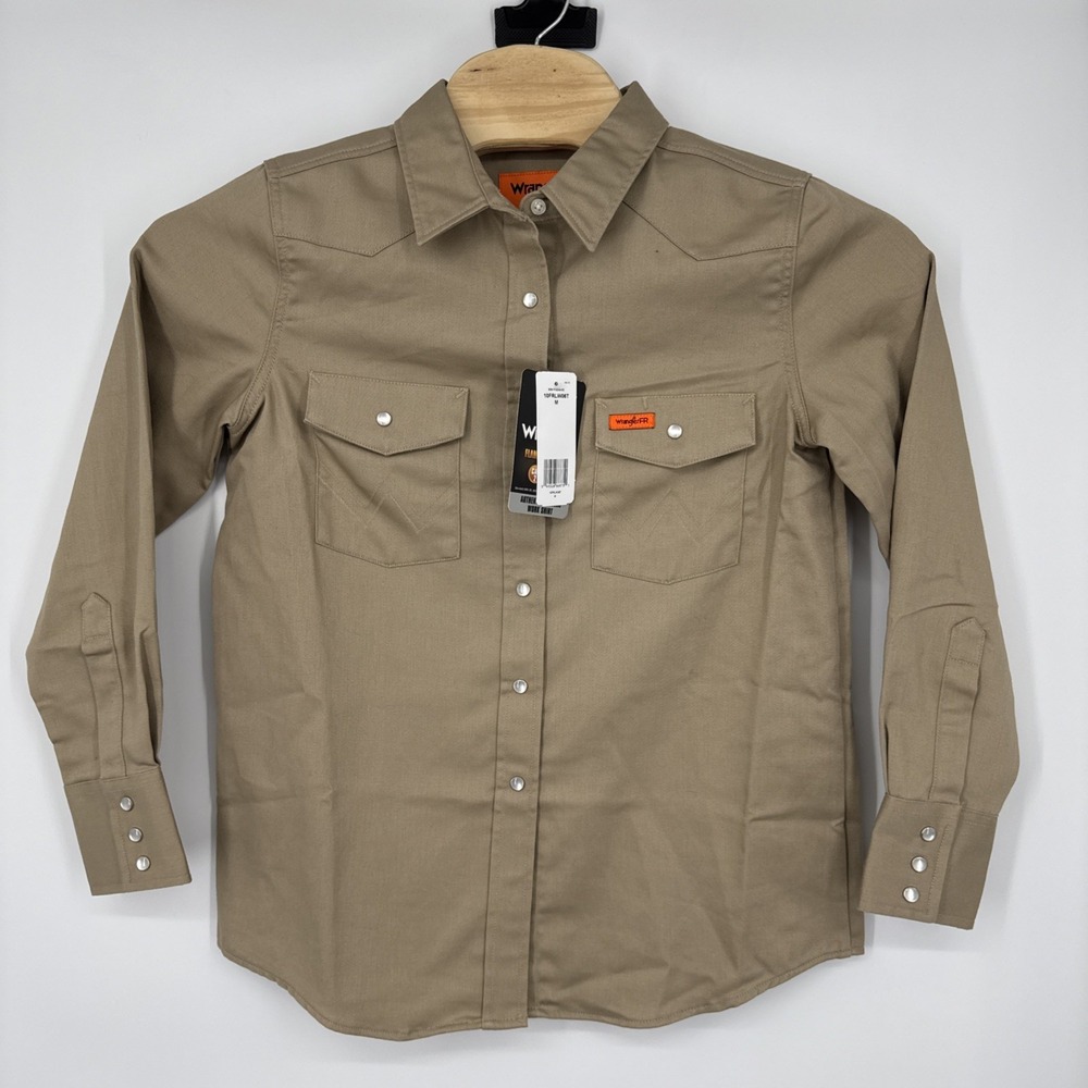 NWT Wrangler FlameResistant FR PearlSnap Workwear LongSleeve Shirt Tan Western M